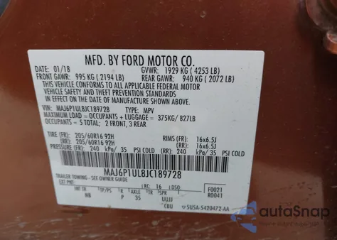2018 Ford Ecosport Se from USA, damaged, VIN MAJ6P1UL8JC189728